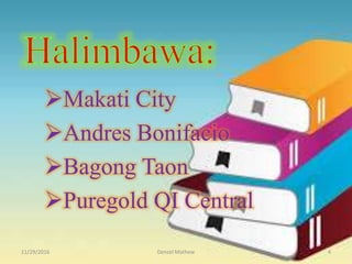 Makati City
Andres Bonifacio
Bagong Taon
Puregold QI Central
11/29/2016 Denzel Mathew 4
 