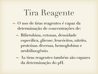 Tira Reagente
O uso de tiras reagentes é capaz da
determinação de concentrações de:
Bilirrubina, cetonas, densidade
especíﬁca, glicose, leucócitos, nitrito,
proteínas diversas, hemoglobina e
urobilinogênio.
As tiras reagentes também são capazes
da determinação do pH.
 