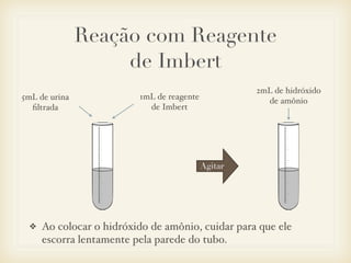 Reação com Reagente
de Imbert
5mL de urina
ﬁltrada
1mL de reagente
de Imbert
Agitar
2mL de hidróxido
de amônio
❖ Ao colocar o hidróxido de amônio, cuidar para que ele
escorra lentamente pela parede do tubo.
 