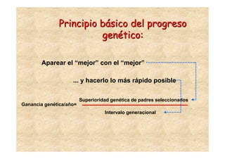 Principio básico del progreso
                        genético:

        Aparear el “mejor” con el “mejor”

                    ... y hacerlo lo más rápido posible

                         Superioridad genética de padres seleccionados
Ganancia genética/año=
                                   Intervalo generacional
 
