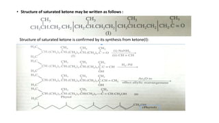 • Structure of saturated ketone may be written as follows :
Structure of saturated ketone is confirmed by its synthesis from ketone(I):
 