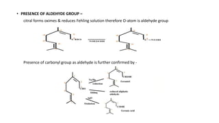• PRESENCE OF ALDEHYDE GROUP –
citral forms oximes & reduces Fehling solution therefore O-atom is aldehyde group
Presence of carbonyl group as aldehyde is further confirmed by -
 