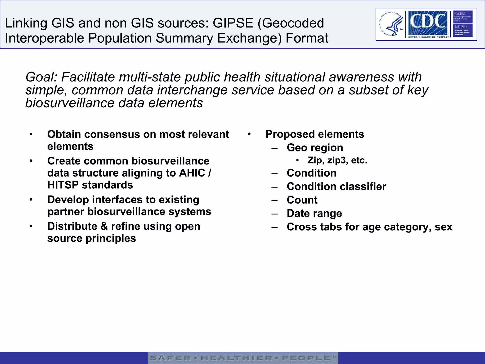 Linking GIS and non GIS sources: GIPSE (Geocoded  Interoperable Population Summary Exchange) Format Obtain consensus on most relevant elements Create common biosurveillance data structure aligning to AHIC / HITSP standards Develop interfaces to existing partner biosurveillance systems Distribute & refine using open source principles Proposed elements Geo region Zip, zip3, etc. Condition Condition classifier Count Date range Cross tabs for age category, sex Goal: Facilitate multi-state public health situational awareness with simple, common data interchange service based on a subset of key biosurveillance data elements 