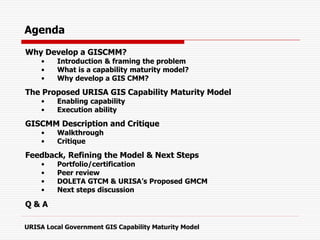 Why Develop a GISCMM?
• Introduction & framing the problem
• What is a capability maturity model?
• Why develop a GIS CMM?
The Proposed URISA GIS Capability Maturity Model
• Enabling capability
• Execution ability
GISCMM Description and Critique
• Walkthrough
• Critique
Feedback, Refining the Model & Next Steps
• Portfolio/certification
• Peer review
• DOLETA GTCM & URISA’s Proposed GMCM
• Next steps discussion
Q & A
URISA Local Government GIS Capability Maturity Model
Agenda
 
