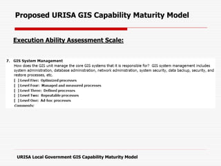 Execution Ability Assessment Scale:
Proposed URISA GIS Capability Maturity Model
URISA Local Government GIS Capability Maturity Model
 