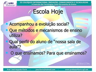 Escola Hoje Acompanhou a evolução social? Que métodos e mecanismos de ensino utiliza? Qual perfil do aluno de “nossa sala de aula”? O que ensinamos? Para que ensinamos? 