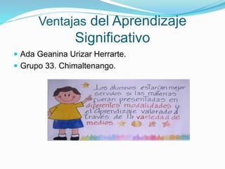 Ventajas del Aprendizaje 
Significativo 
 Ada Geanina Urizar Herrarte. 
 Grupo 33. Chimaltenango. 
 