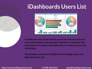 http://www.itmailingcontacts.com/ +1 (786)-352-8141 sales@itmailingcontacts.com
iDashboards Users List
iDashBoards Users Email List has one of the most accurate and
up-to-date details of top ranking IT executives, companies and
organizations throughout the globe who rely extensively on this
technology.
The database consists of iDashBoards Technology Users with
high deliverable rate.
 