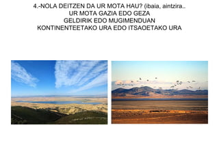 4.-NOLA DEITZEN DA UR MOTA HAU? (ibaia, aintzira..
           UR MOTA GAZIA EDO GEZA
         GELDIRIK EDO MUGIMENDUAN
 KONTINENTEETAKO URA EDO ITSAOETAKO URA
 