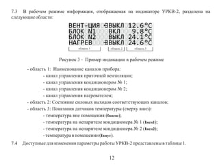 7.3 В рабочем режиме информация, отображаемая на индикаторе УРКВ-2, разделена на
следующие области:

Рисунок 3 - Пример индикации в рабочем режиме
- область 1: Наименование каналов прибора:
- канал управления приточной вентиляции;
- канал управления кондиционером № 1;
- канал управления кондиционером № 2;
- канал управления нагревателем;
- область 2: Состояние силовых выходов соответствующих каналов;
- область 3: Показания датчиков температуры (сверху вниз):
- температура вне помещения (tвнеш);
- температура на испарителе кондиционера № 1 (tисп1);
- температура на испарителе кондиционера № 2 (tисп2);
- температура в помещении (tвнут).
7.4

Доступные для изменения параметры работы УРКВ-2 представлены в таблице 1.

12

 