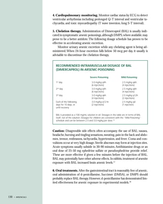 4. Cardiopulmonary monitoring. Monitor cardiac status by ECG to detect
                     ventricular arrhythmias including prolonged Q-T interval and ventricular ta-
                     chycardia, and toxic myocardiopathy (T wave inversion, long S-T interval).

                     5. Chelation therapy. Administration of Dimercaprol (BAL) is usually indi-
                     cated in symptomatic arsenic poisonings, although DMPS, where available, may
                     prove to be a better antidote. The following dosage schedule has proven to be
                     effective in accelerating arsenic excretion.
                          Monitor urinary arsenic excretion while any chelating agent is being ad-
                     ministered. When 24-hour excretion falls below 50 mcg per day, it usually is
                     advisable to discontinue the chelation therapy.


                       RECOMMENDED INTRAMUSCULAR DOSAGE OF BAL
                       (DIMERCAPROL) IN ARSENIC POISONING

                                                           Severe Poisoning                 Mild Poisoning

                       1st day                              3.0 mg/kg q4h                    2.5 mg/kg q6h
                                                            (6 injections)                   (4 injections)
                       2nd day                              3.0 mg/kg q4h                    2.5 mg/kg q6h
                                                            (6 injections)                   (4 injections)
                       3rd day                              3.0 mg/kg q6h                    2.5 mg/kg q12h
                                                            (4 injections)                   (2 injections)
                       Each of the following                3.0 mg/kg q12 hr                 2.5 mg/kg qd
                       days for 10 days, or                 (2 injections)                   (1 injection)
                       until recovery


                       BAL is provided as a 100 mg/mL solution in oil. Dosages in the table are in terms of BAL
                       itself, not of the solution. Dosages for children are consistent with the “Mild Poisoning”
                       schedule and can be between 2.5 and 3.0 mg/kg per dose.16



                     Caution: Disagreeable side effects often accompany the use of BAL: nausea,
                     headache, burning and tingling sensations, sweating, pain in the back and abdo-
                     men, tremor, restlessness, tachycardia, hypertension, and fever. Coma and con-
                     vulsions occur at very high dosage. Sterile abscesses may form at injection sites.
                     Acute symptoms usually subside in 30-90 minutes. Antihistamine drugs or an
                     oral dose of 25-50 mg ephedrine sulfate or pseudoephedrine provide relief.
                     These are more effective if given a few minutes before the injection of BAL.
                     BAL may potentially have other adverse effects. In rabbits, treatment of arsenite
                     exposure with BAL increased brain arsenic levels.17

                     6. Oral treatments. After the gastrointestinal tract is reasonably free of arsenic,
                     oral administration of d-penicillamine, Succimer (DMSA), or DMPS should
                     probably replace BAL therapy. However, d-penicillamine has demonstrated lim-
                     ited effectiveness for arsenic exposure in experimental models.18



130   • ARSENICALS
 