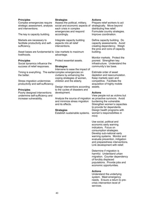 Principles                          Strategies                        Actions
Complex emergencies require         Assess the political, military,   Prepare relief workers to act
strategic assessment, analysis      social and economic aspects of    strategically. Move beyond
and interventions.                  each crisis in complex            distributing free relief.
                                    emergencies and respond           Formulate country strategies.
The key is capacity building.       accordingly.                      Improve coordination.

Markets are necessary to            Integrate capacity building       Define capacity building. Do
facilitate productivity and self-   aspects into all relief           capacity assessments. Avoid
sufficiency.                        interventions.                    creating dependency. Weigh
                                                                      the pros and cons of capacity
Asset bases are fundamental to Use markets to maximum                 building.
livelihoods.                   advantage.
                                                                      Monitor markets. Protect the
Principles                          Protect essential assets.         poorest. Strengthen key
Social dynamics influence the                                         infrastructure. Understand the
success of relief responses.       Strategies                         community’s tax base.
                                   Intervene to ease the impact of
Timing is everything. The earlier complex emergencies on              Estimate order of asset
the better.                        civilians by enhancing the         depletion and reaccumulation.
                                   coping strategies of women,        Keep markets open and
Stress migration undermines        children and the elderly.          competitive. Facilitate the
productivity and self-sufficiency.                                    acquisition of highly mobile
                                   Design interventions according     assets.
Principles                         to the cycles of disasters and
Poorly designed interventions development.                         Actions
undermine self-sufficiency and                                     View people not as victims but
increase vulnerability.            Analyze the source of migration as proactive survivors. Avoid
                                   and minimize stress migration   burdening the vulnerable.
                                   and its effects.                Strengthen women’s capacities
                                                                   to provide for dependents.
                                    Strategies                     Design health programs with
                                    Establish sustainable systems. women’s responsibilities in
                                                                   mind.

                                                                      Use social, political and
                                                                      economic early warning
                                                                      indicators. Focus on
                                                                      consumption strategies.
                                                                      Develop sub-national early
                                                                      warning systems. Monitor and
                                                                      evaluate prevention, mitigation
                                                                      and preparedness interventions.
                                                                      Link development with relief.

                                                                      Determine if migration is
                                                                      harmful. Understand urban
                                                                      migration. Counter dependency
                                                                      of forcibly displaced
                                                                      populations. Provide jobs and
                                                                      economic opportunities.

                                                                      Actions
                                                                      Understand the underlying
                                                                      system. Meet emergency
                                                                      needs. Ensure a return to pre-
                                                                      crisis intervention level of
                                                                      services.

                                    40
 