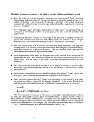 Checklist: for reviewing projects in the areas of capacity building, markets and assets

•   Does the project have local participation, ownership and management? Does it use local
    technologies, skills and systems? Have project designers listened to people not just in the
    capital city but also in the areas where the project is working? Is the project using local
    professionals and local nongovernmental organizations to build on capacity and emergency
    response strategies?

•   Does the project support local coping mechanisms or local producers? Have project designers
    conducted a winner/loser analysis to avoid playing into the hands of exploiters and
    oppressors?

•   Is the project based on analysis and knowledge of the area, and of linkages between the
    project and broader social, economic and political trends and activities? Have linkages
    between local, national and international markets and arenas been considered?

•   Has the project (even if it is specific and short-term itself) considered the long-term
    consequences of its activities, including sustainability? Have designers considered the long-
    term impact of the use of economic subsidies, such as subsidized credit, artificially low
    consumer prices or artificially high producer prices?

•   Is the project based on real needs and designed, to the extent possible, to use existing natural
    resources in the area? Has analysis considered the marketing of abundant resources in the
    project area? Has the design of the project considered environmental aspects from its
    inception?

•   Has the sponsoring organization identified a good person or persons to run the effort,
    especially those who will work with leaders to put the benefits of the community before
    personal profit?

•   Is the project cost-effective when compared to different alternatives? Does it have a lean
    overhead? Have designers considered small-scale options and programs?

•   Does the project maintain flexibility? Does it have a sound set of assumptions for what might
    go wrong and different options for contingency situations? Is the project flexible in its
    definitions or boundaries between relief, rehabilitation, reconstruction and development?

       Annex C:

       Crop and Food Aid Calendars for Africa

     This Annex presents several types of information needed to plan food aid assistance. Included
are tables on planting and harvesting dates for major food crops in 36 low-income countries in
Africa, information on major rainfall seasons and months when food supplies are critically short, and
estimates of shipping time needed to move food aid from the United States to various African ports.
Tables are excerpted from: Kevin Lanagan, Crop and Food Aid Calendars for Africa, Washington,
D.C.: U.S. Department of Agriculture, Economic Research Service, 1983.




                               41
 