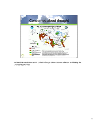 Others may be worried about current drought conditions and how this is affecting the 
availability of water.




                                                                                        18
 
