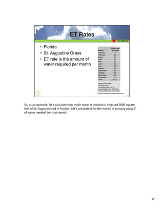 So, as an example, let’s calculate how much water is needed to irrigated 2000 square 
feet of St. Augustine sod in Florida.  Let’s calculate it for the month of January using 2” 
of water needed  for that month.




                                                                                               17
 