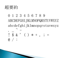 0 1 2 3 4 5 6 7 8 9
ABCDEFGHIJKLMNOPQRSTUVWXYZ
abcdefghijklmnopqrstuvwxyz
. _ ~ -
! $ & ' ( ) * + , ; =
@ / :
 