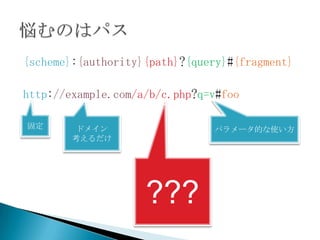 {scheme}:{authority}{path}?{query}#{fragment}

http://example.com/a/b/c.php?q=v#foo

̶       ɥᥤ                  ѥ`Ĥʹ
        




                    ???
 