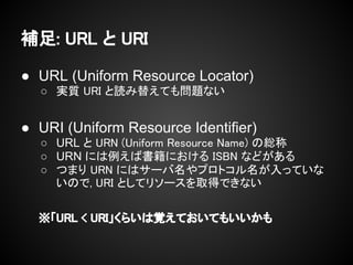 ʤߤˡInternet Explore (IE) ϡURL
                              LЩ`򆖤鷺NХȤޤǤ

a: URL  URI                 ޤ뤿ᡢPC򤱥ک`ǤϤΌgװ
                              ˺Ϥ碌뤳Ȥˤʤ롣




 URL (Uniform Resource Locator)
   g| URI i椨Ƥ↖}ʤ


 URI (Uniform Resource Identifier)
   URL  URN (Uniform Resource Name) ξt
   URN ˤЕˤ ISBN ʤɤ
   Ĥޤ URN ˤϥ`ץȥäƤ
    Τ, URI Ȥƥ꥽`ȡäǤʤ

  URL < URI餤ҙƤƤ⤤
 