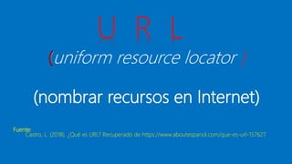 uniform resource locator )
(nombrar recursos en Internet)
Fuente:
Castro, L. (2018). ¿Qué es URL? Recuperado de https://www.aboutespanol.com/que-es-url-157627
U R L
 