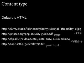 Content type

Default is HTML


http://farm4.static.flickr.com/3620/3513606398_1f12ecfdc7_o.jpg
http://phpsec.org/php-security-guide.pdf                    JPEG
                                           PDF
http://ftp.akl.lt/Video/Sintel/sintel-1024-surround.mp4
                                                          MPEG-4
http://tools.ietf.org/rfc/rfc1738.txt plain text
 