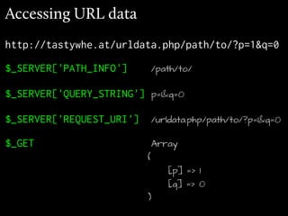 Accessing URL data
http://tastywhe.at/urldata.php/path/to/?p=1&q=0

$_SERVER['PATH_INFO']         /path/to/

$_SERVER['QUERY_STRING'] p=1&q=0

$_SERVER['REQUEST_URI']       /urldata.php/path/to/?p=1&q=0

$_GET                         Array
                          (
                                 [p] => 1
                                 [q] => 0
                          )
 