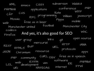 XML     emacs      CSS3       subversion Webkit
 PHPNW11             applications        conference            PHP
           CVS                       Kate              WTF
   CfP                  programming                      javascript
                  RFC                        William
     Mosaic                            Pippa
web           free as in beer                        mobile
    Manchester United      football          Manchester City
  codecs
                                                            W3C
 Firefox     And yes, it's also good for SEO
         user group            links     git          open source
                    mercurial
 REST                                      HTTP            IANA
       HTML5 BoF                   URL
                                           protocols
JSON     Chromium     resource                               apps
     PHP community CURL OGV free as in speech
                  RTFM vim           software              PHPNW
        web                                       IDE
  LOL       development                                FTW
       URI            HATEOAS         Internet
 