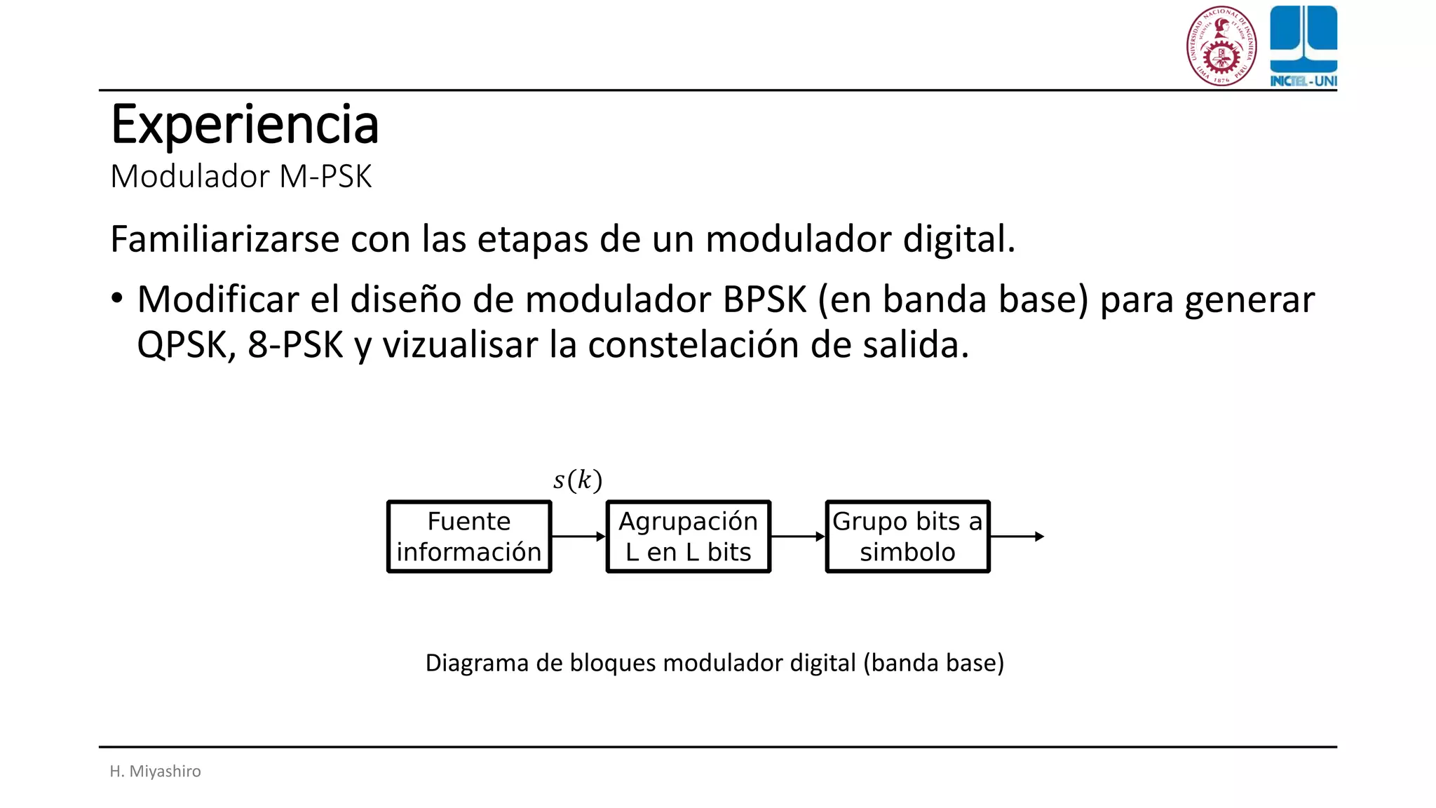 Experiencia
Modulador M-PSK
Familiarizarse con las etapas de un modulador digital.
• Modificar el diseño de modulador BPSK (en banda base) para generar
QPSK, 8-PSK y vizualisar la constelación de salida.
H. Miyashiro
Diagrama de bloques modulador digital (banda base)
𝑠(𝑘)
 