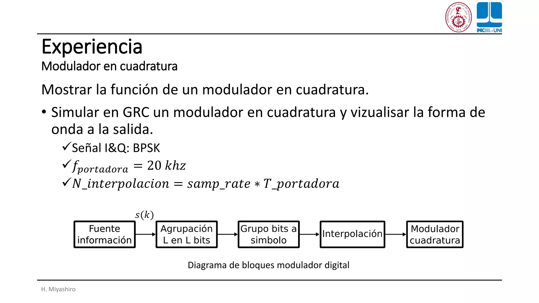 Experiencia
Modulador en cuadratura
Mostrar la función de un modulador en cuadratura.
• Simular en GRC un modulador en cuadratura y vizualisar la forma de
onda a la salida.
✓Señal I&Q: BPSK
✓𝑓𝑝𝑜𝑟𝑡𝑎𝑑𝑜𝑟𝑎 = 20 𝑘ℎ𝑧
✓𝑁_𝑖𝑛𝑡𝑒𝑟𝑝𝑜𝑙𝑎𝑐𝑖𝑜𝑛 = 𝑠𝑎𝑚𝑝_𝑟𝑎𝑡𝑒 ∗ 𝑇_𝑝𝑜𝑟𝑡𝑎𝑑𝑜𝑟𝑎
H. Miyashiro
Diagrama de bloques modulador digital
𝑠(𝑘)
 