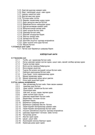 10 
1.2.5. Хавтгай дүрсээр наамал хийх 
1.2.6. Өөрт таалагддаг цэцэг, навч зурах 
1.2.7. Цаасан чимэглэл хийх 
1.2.8. Дуртай амьтнаа зурах 
1.2.9. Тоглоом хийж тоглох 
1.2.10. Өөрийн төсөөллөөр шувуу зурах 
1.2.11. Дүрс эвлүүлэх амьтан бүтээх 
1.2.12. Өөрийгөө болон найзуудаа зурах 
1.2.13. Дуртай өнгөөрөө наамал хийх 
1.2.14. Мэндчилгээний загвар хийх 
1.2.15. Цаас нугалж бүтээл хийх 
1.2.16. Цаасаар бүтээл хийх 
1.2.17. Дүрсийг олшруулан будах 
1.2.18. Амьтны загвар хийх 
1.2.19. Загварчлал бүтээх 
1.2.20. Шүлгийн агуулгыг зургаар илэрхийлэх 
1.2.21. Цаас нугалж олон дүрс бүтээх 
1.2.22. Машин бүтээх 
1.3 Соёлын үнэт зүйл 
1.3.1. Чагтан хээг баримлын шавраар барих 
ХОЁРДУГААР АНГИ 
2.1 Урлагийн хэл 
2.1.1 Толбо, цэг, зураасаар бүтээл хийх 
2.1.2 Хатуу цаасаар зураас үүсгэж зурах, цэцэг навч, өвсийг хялбар аргаар зурах 
2.1.3 Үндсэн өнгөөр зурах 
2.1.4 Өнгө үүсгэж хүрдэнд байрлуулах 
2.1.5 Өнгө мэдэрч ашиглах 
2.1.6 Үндсэн ба үүсмэл өнгүүдийг хольж бүтээл хийх 
2.1.7 Нийлмэл дүрсүүдээр бүтээл хийх 
2.1.8 Усан будаг, тосон харандаагаар зурах 
2.1.9 Махир зураасаар зурах 
2.1.10 Махир зураасаар зурах аргыг давтах 
2.1.11 Олон дүрс ашиглаж сурах 
2.2 Гоо сайхны илэрхийлэл 
2.2.1. Өвс ургамлаар бүтээл хийх. Навч өвсөн наамал 
2.2.2. Цаасаар дүрс бүтээх 
2.2.3. Цаас хуйлж, тэнийлгэж бүтээл хийх 
2.2.4. Хүүхэлдэй хийх 
2.2.5. Аав ээж, ах дүү, садан төрлөө зурах 
2.2.6. Цаас нугалж дүрс үүсгэх 
2.2.7. Цаасаар хөдөлгөөнт бүтээл хийх 
2.2.8. Хөдөлгөөнт тоглоом тоглох 
2.2.9. Баримал барих. 
2.2.10. Баримлын шавраар урлах 
2.2.11. Баримлын шавраар амьтан бүтээх 
2.2.12. Төрөл бүрийн материалаар наамал хийх 
2.2.13. Төрөл бүрийн материалаар бүтээл хийх 
2.2.14. Уншсан зүйлийнхээ агуулгыг зургаар илэрхийлэх 
2.2.15. Цаасаар хөдөлгөөнт тоглоом хийж тоглох 
2.2.16. Чулуугаар урлах 
2.2.17. Амьтан зурж сурах 
2.2.18. Цацаг, цэцэг хийх 
2.2.19. Хүүхэлдэйн киноны баатрыг зурах 
2.2.20. Хуванцар дээр зураг зурах  