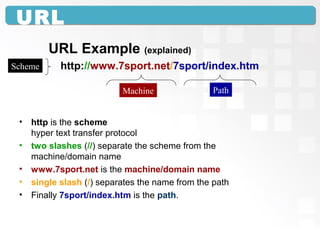 URL
URL Example (explained)
http://www.7sport.net/7sport/index.htm
Machine Path
Scheme
• http is the scheme
hyper text transfer protocol
• two slashes (//) separate the scheme from the
machine/domain name
• www.7sport.net is the machine/domain name
• single slash (/) separates the name from the path
• Finally 7sport/index.htm is the path.
 