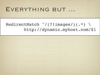 Everything but ...
RedirectMatch ^/(?!images/)(.*) 
       http://dynamic.myhost.com/$1
 