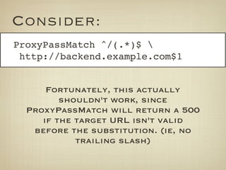 Consider:
ProxyPassMatch ^/(.*)$ 
 http://backend.example.com$1


      Fortunately, this actually
         shouldn't work...