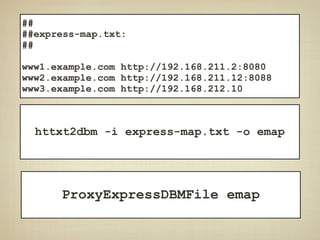 ##
##express-map.txt:
##

www1.example.com http://192.168.211.2:8080
www2.example.com http://192.168.211.12:8088
www3.example.com http://192.168.212.10



  httxt2dbm -i express-map.txt -o emap




      ProxyExpressDBMFile emap
 