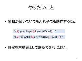 ꤿ
? vAƤƤӤǤ뤳
"a${upper:hoge} ${lower:fOObAR} b "
"a${trim:AbCd ${lower:fOObAR} 1234 } b "

? OľȤƽዤǤФ褤
11

 