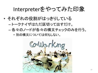 InterpreteräƤߤӡ
? 줾۸ϤäꤷƤ
C ȩ`ʥϤФäƳ
C ΥΩ`ɤΘĥåΤߤФ
? eΘĤˤĤƤϺΤ⤷ʤ

19

 