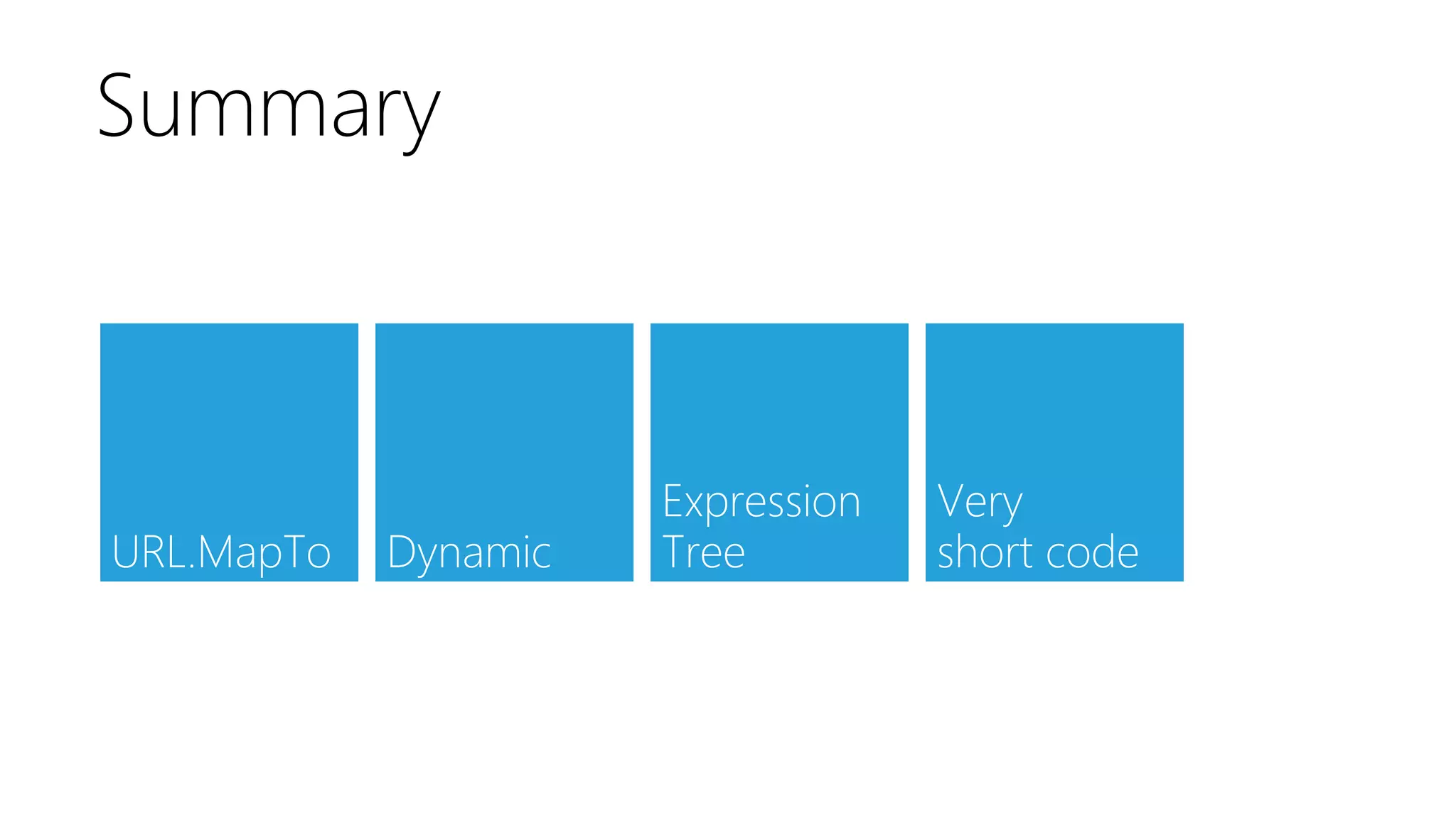 Summary
URL.MapTo
Dynamic
Expression
Tree
Very
short code