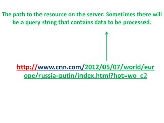 The path to the resource on the server. Sometimes there will
    be a query string that contains data to be processed.




     http://www.cnn.com/2012/05/07/world/eur
       ope/russia-putin/index.html?hpt=wo_c2
 