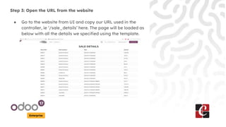 Enterprise
Step 3: Open the URL from the website
● Go to the website from UI and copy our URL used in the
controller, ie ‘/sale_details’ here. The page will be loaded as
below with all the details we specified using the template.
 