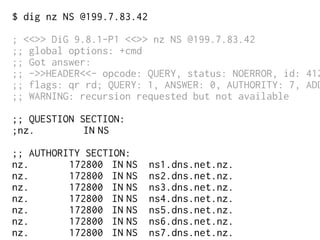 $ dig nz NS @199.7.83.42
; <<>> DiG 9.8.1-P1 <<>> nz NS @199.7.83.42
;; global options: +cmd
;; Got answer:
;; ->>HEADER<<- opcode: QUERY, status: NOERROR, id: 412
;; flags: qr rd; QUERY: 1, ANSWER: 0, AUTHORITY: 7, ADD
;; WARNING: recursion requested but not available
;; QUESTION SECTION:
;nz. IN NS
;; AUTHORITY SECTION:
nz. 172800 IN NS ns1.dns.net.nz.
nz. 172800 IN NS ns2.dns.net.nz.
nz. 172800 IN NS ns3.dns.net.nz.
nz. 172800 IN NS ns4.dns.net.nz.
nz. 172800 IN NS ns5.dns.net.nz.
nz. 172800 IN NS ns6.dns.net.nz.
nz. 172800 IN NS ns7.dns.net.nz.
 