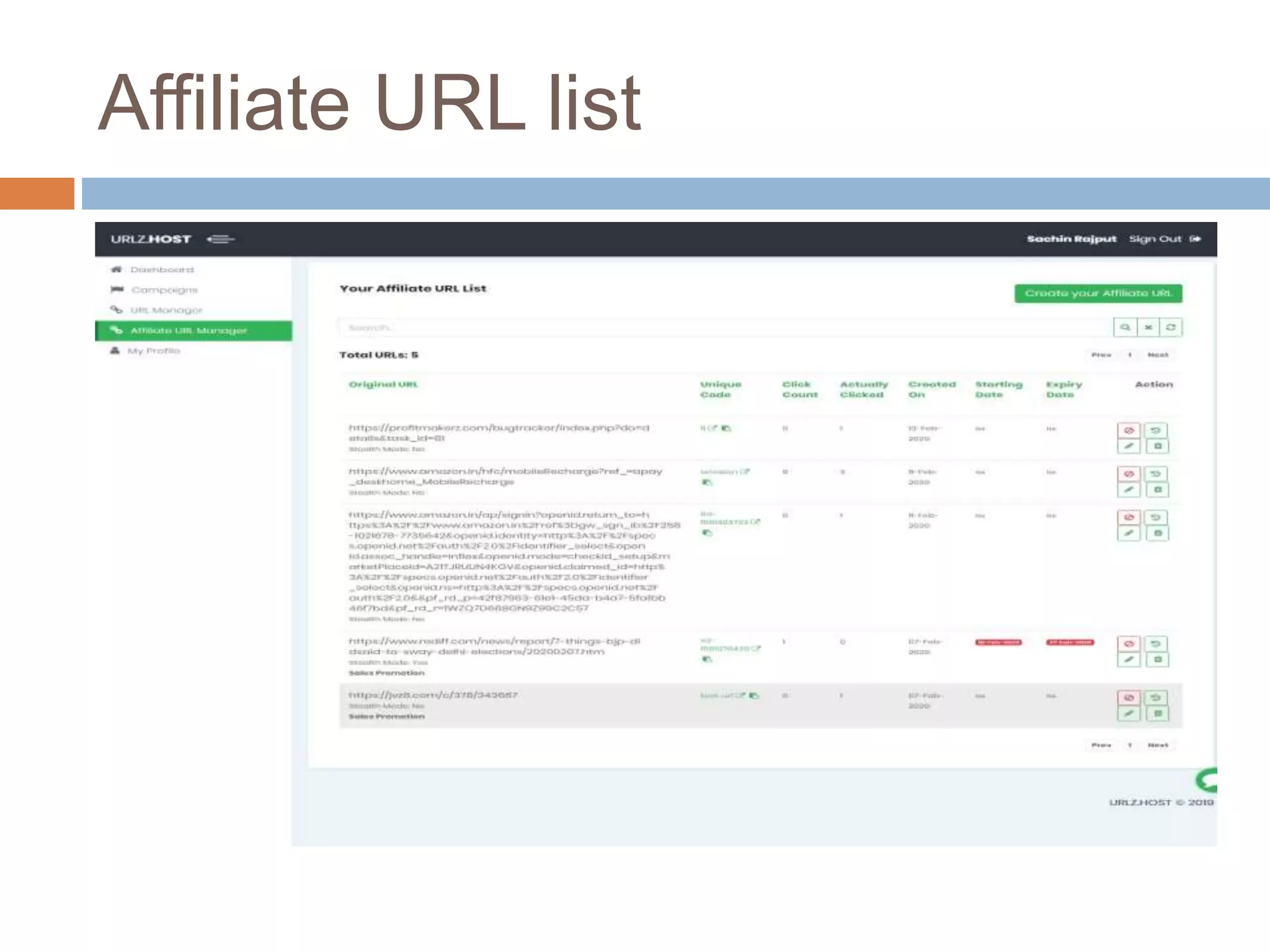 Affiliate URL list
 