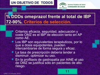 UN OBJETIVO DE TODOS
URM 13 Octubre 2010
11
 Criterios eficacia, seguridad, adecuación y
coste OMZ es el IBP de elección tanto en AP
como AE.
 Los IBP son equivalentes terapéuticos, por lo
que a dosis equipotentes, pueden
intercambiarse de forma segura y eficaz.
 La tasa de prescripción debería tender a
disminuir, optimizar su uso.
 En la profilaxis de gastropatía por AINE el uso
de OMZ se justifica sólo en pacientes de alto
riesgo.
% DDDs omeprazol frente al total de IBP
72-90%. Criterios de selección.
 