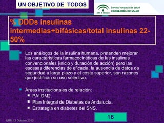 UN OBJETIVO DE TODOS
URM 13 Octubre 2010
18
 Los análogos de la insulina humana, pretenden mejorar
las características farmacocinéticas de las insulinas
convencionales (inicio y duración de acción) pero las
escasas diferencias de eficacia, la ausencia de datos de
seguridad a largo plazo y el coste superior, son razones
que justifican su uso selectivo.
 Áreas institucionales de relación:
 PAI DM2.
 Plan Integral de Diabetes de Andalucía.
 Estrategia en diabetes del SNS.
% DDDs insulinas
intermedias+bifásicas/total insulinas 22-
50%
 