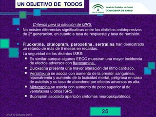 UN OBJETIVO DE TODOS
URM 13 Octubre 2010
25
Criterios para la elección de ISRS:
 No existen diferencias significativas entre los distintos antidepresivos
de 2ª generación, en cuanto a tasa de respuesta y tasa de remisión.
 Fluoxetina, citalopram, paroxetina, sertralina han demostrado
un retardo de más de 6 meses en recaídas.
 La seguridad de los distintos ISRS:
 Es similar aunque algunos EECC muestran una mayor incidencia
de efectos adversos con fluvoxamina.
 Duloxetina presenta una mayor alteración del ritmo cardíaco.
 Venlafaxina se asocia con aumento de la presión sanguínea,
hiponatremia y aumento de la toxicidad mortal, peligrosa en caso
de autolisis y su tasa de abandono por efectos adversos es alta.
 Mirtazapina se asocia con aumento de peso superior al de
venlafaxina u otros ISRS.
 Bupropión asociado aparición síntomas neuropsiquiátricos.
 