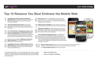 your mobile strategy



Top 10 Reasons You Must Embrace the Mobile Web

1                                                                         6
      The mobile web is the fastest growing communication                         More control: because it’s a web application, you can do what you
      channel in history. According to Eric Schmidt, CEO Google, the              want when you want…no need to wait for Apple or anyone else to
      Mobile Web is growing 8 times faster than the rst wave of                   approve, post to an app store, etc.…Subsequent, feature and function
      online Internet adoption.                                                   changes are in your control too!




2                                                                         7
      That’s where people expect you to be! In the near future                    Mobile commerce is exploding. Give your customers the chance to
      people will view the web most from their hand held device.                  purchase whenever and wherever they want from your mobile website.
      Mobile Web viewing will surpass traditional desktop and laptop
      web viewing.                                                                More than just shopping. By melding inspiration with action via the



                                                                          8
                                                                                  Mobile Web you will see results. If you want people to buy, promote,



3
      The rst place people look to learn about you is the web… soon               give, respond, volunteer, share or help, help them help you by allowing
      it will be the Mobile Web; and bad things happen if you’re not              them to take action from their mobile device.
      relevant in the Mobile Web. If your mobile web site is hard to
      read, 61% of your audience leaves, 40% goes to a competitor that            You can extend your businesses processes. A cost eﬀective way to



                                                                          9
      has a good mobile web presence, about 20% won’t even view                   earn a return from your Mobile Web investment is to extend your
      your online site. No one can aﬀord to lose 61% of their audience.           business processes. Connect with your audience where they are. Give
                                                                                  them the chance to register, enroll, apply, and share your story in their



4
      Need advocates and evangelists? Mobile users are 67% more                   words or simply enable them to do their thing from your mobile web
      likely to promote you, your message and brand from their                    site. Improve your operating process eﬃciencies as well (order remotely
      mobile web device than their desktop.                                       and bypass a call center)!




5                                                                         10
      The mobile web is the most cost eﬀective way to launch your                        Number 10? That’s up to you. Think on it a bit and share your thoughts regarding why and how to
      mobile presence. By building a mobile web application, you can
                                                                                         leverage the Mobile Web to oﬀer information, inspire action and improve your processes.
      build once and deploy across all the major operating platforms:
      iPhone, Android, Blackberry etc.                                                   Go to http://urmobile.com/?p=301 and share your thoughts!




An optimized Mobile Website is a must for any organization with a mission, message or           www.urmobile.com
brand and ur mobile is powering the world’s mobile web presence. With our platforms
and tools you can conveniently and cost eﬀectively design, build, launch and manage             www.urmobile.com/blog
your mobile web site!
 