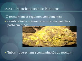2.2.1 – Funcionamento Reactor O reactor tem os seguintes componentes:Combustível – urânio convertido em pastilhas, posto em tubos;Tubos – que evitam a contaminação do reactor ;