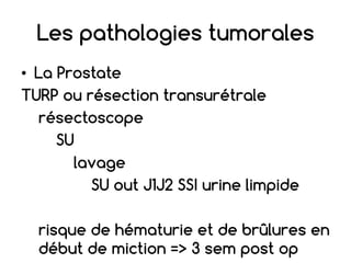 • La Prostate
TURP ou résection transurétrale
résectoscope
SU
lavage
SU out J1J2 SSI urine limpide
risque de hématurie et de brûlures en
début de miction => 3 sem post op
Les pathologies tumorales
 