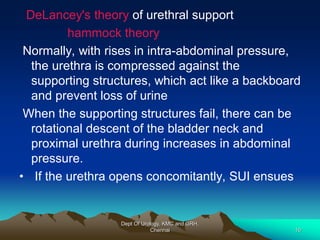 DeLancey's theory of urethral support
hammock theory
Normally, with rises in intra-abdominal pressure,
the urethra is compressed against the
supporting structures, which act like a backboard
and prevent loss of urine
When the supporting structures fail, there can be
rotational descent of the bladder neck and
proximal urethra during increases in abdominal
pressure.
• If the urethra opens concomitantly, SUI ensues
Dept Of Urology, KMC and GRH,
Chennai 10
 