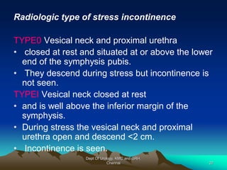 Radiologic type of stress incontinence
TYPE0 Vesical neck and proximal urethra
• closed at rest and situated at or above the lower
end of the symphysis pubis.
• They descend during stress but incontinence is
not seen.
TYPEI Vesical neck closed at rest
• and is well above the inferior margin of the
symphysis.
• During stress the vesical neck and proximal
urethra open and descend <2 cm.
• Incontinence is seen.
Dept Of Urology, KMC and GRH,
Chennai 27
 