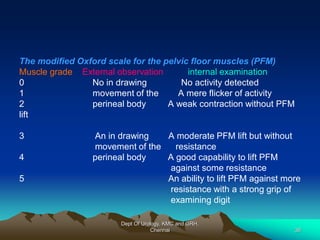 The modified Oxford scale for the pelvic floor muscles (PFM)
Muscle grade External observation internal examination
0 No in drawing No activity detected
1 movement of the A mere flicker of activity
2 perineal body A weak contraction without PFM
lift
3 An in drawing A moderate PFM lift but without
movement of the resistance
4 perineal body A good capability to lift PFM
against some resistance
5 An ability to lift PFM against more
resistance with a strong grip of
examining digit
Dept Of Urology, KMC and GRH,
Chennai 36
 