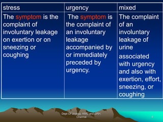 stress urgency mixed
The symptom is the
complaint of
involuntary leakage
on exertion or on
sneezing or
coughing
The symptom is
the complaint of
an involuntary
leakage
accompanied by
or immediately
preceded by
urgency.
The complaint
of an
involuntary
leakage of
urine
associated
with urgency
and also with
exertion, effort,
sneezing, or
coughing
Dept Of Urology, KMC and GRH,
Chennai 4
 